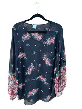 Cabi Blooming Blouse XL Black Pink Boho Romantic Flowy Top Fairycore Peasant